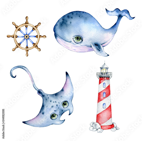 Photography Watercolor cute cartoon ocean set on a white background