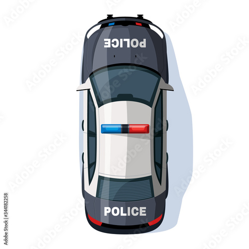 Police car semi flat RGB color vector illustration. Security vehicle with siren lights. Police enforcement transport. Patrol auto isolated cartoon object top view on white background