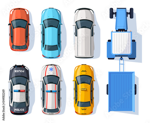 Transport means semi flat RGB color vector illustrations set. Police patrol auto. Tractor with trailer. Emergency transportation. Different cars isolated cartoon objects top view on white background