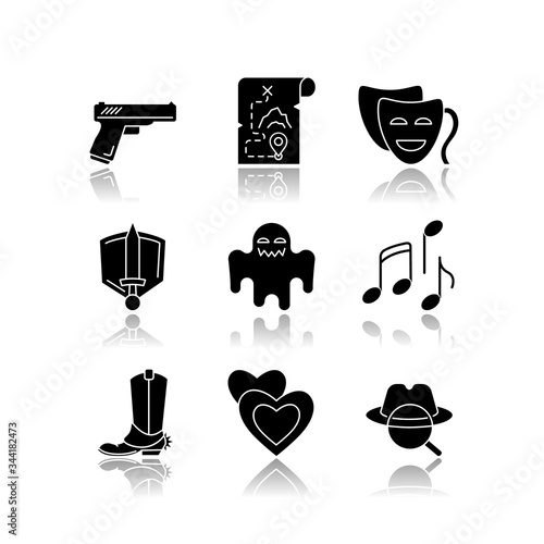 Different movie styles and genres drop shadow black glyph icons set. Popular film and TV show types. Media entertainment, filmmaking industry. Isolated vector illustrations on white space