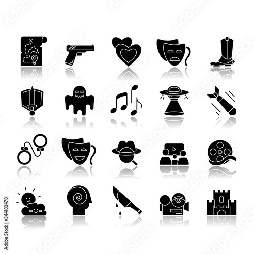 Movie genres drop shadow black glyph icons set. Cinematography, filmmaking industry, cinema business. Different common film and tv show styles. Isolated vector illustrations on white space