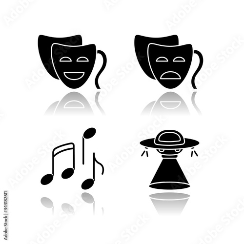 Traditional movie genres drop shadow black glyph icons set. Funny comedy, serious drama, musical and science fiction. Common film categories. Isolated vector illustrations on white space