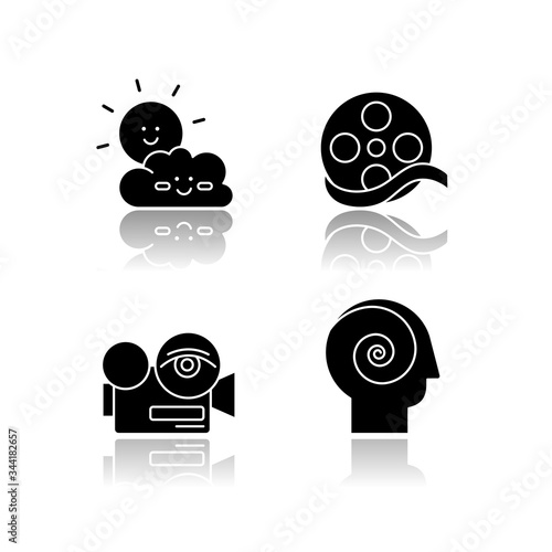 Movies and TV genres drop shadow black glyph icons set. Children cartoons, documentary, arthouse and philosophical films. Modern filmmaking styles. Isolated vector illustrations on white space