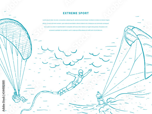 Bungee jumping, kite surfing, free fall, paraglider, skydivers. Extreme sports sketch vector template.