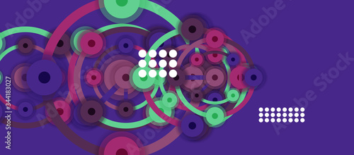 Flat style geometric abstract background, round dots or circle connections on color background. Technology network concept.