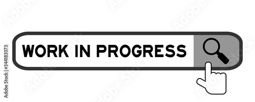 Search banner in word with hand over magnifier icon on white background