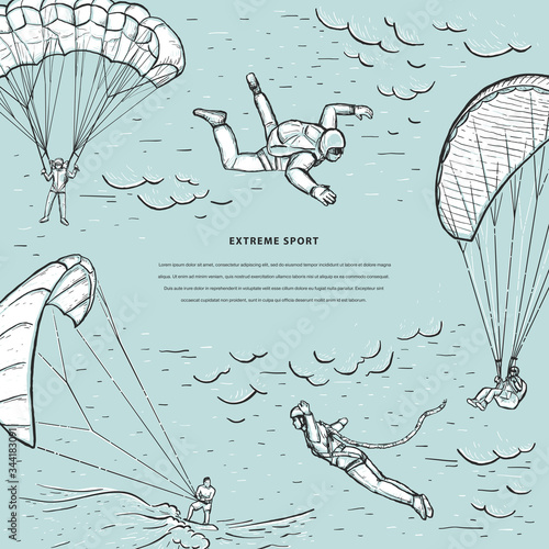 Extreme sports sketch vector template. Bungee jumping, kite surfing, free fall. Skydivers flying with a paraglider and parachute