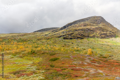 View of the valley. Northern Sweden, Sarek National Park in stormy weather. selective focus photo