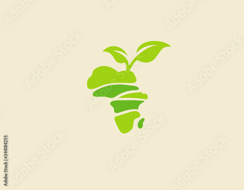 Creative bright green logo icon Africa continent and plant leaf for your company.