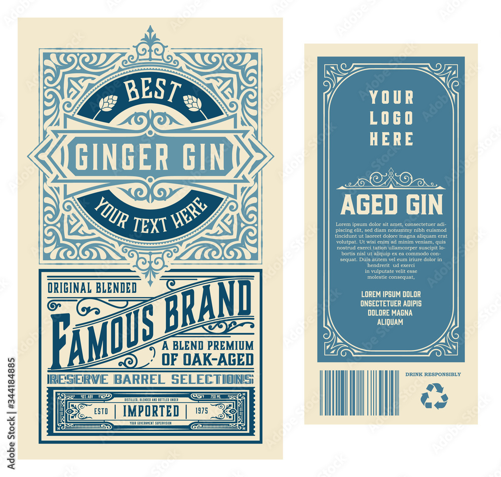 Set of full Vintage Gin Labels. layered