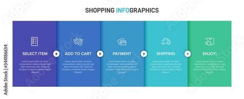 Concept of shopping process with 5 successive steps. Five colorful graphic elements. Timeline design for brochure, presentation, web site. Infographic design layout.