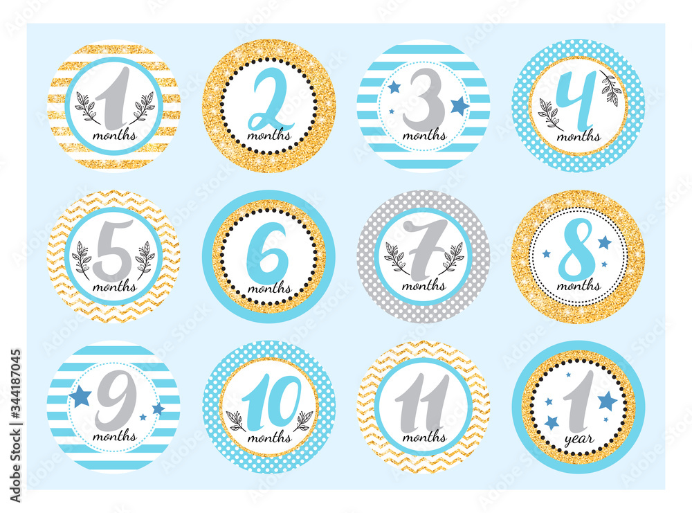 Monthly baby stickers for newborn boys.  Month by month growth stickers for clothing with gold sparkles. Set for a photo shoot or a baby shower party.