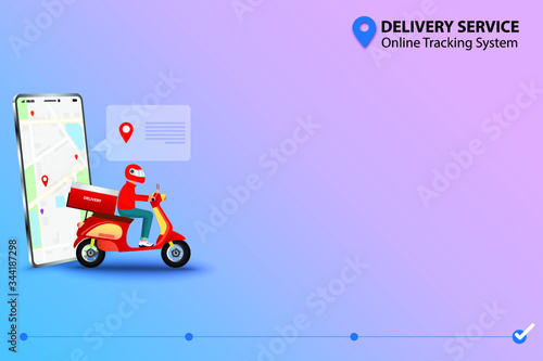 Concept of delivery service with online tracking system, staff ride a scooter in front of smartphone that display contain map and GPS to deliver the goods to customer in pastel color background.