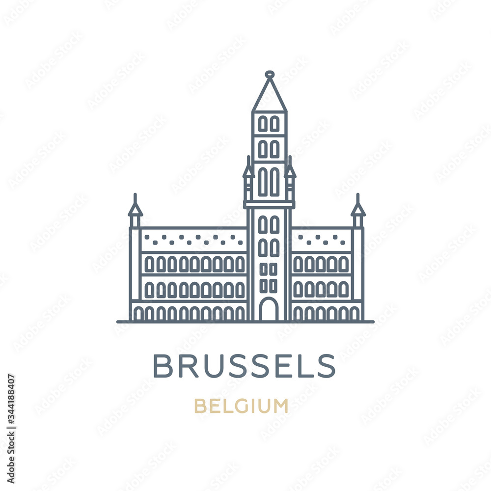 Brussels city, Belgium. Line icon of the famous and largest city in Europe. Outline icon for web, mobile, and infographics. Landmark and famous building. Vector illustration, white isolated. 