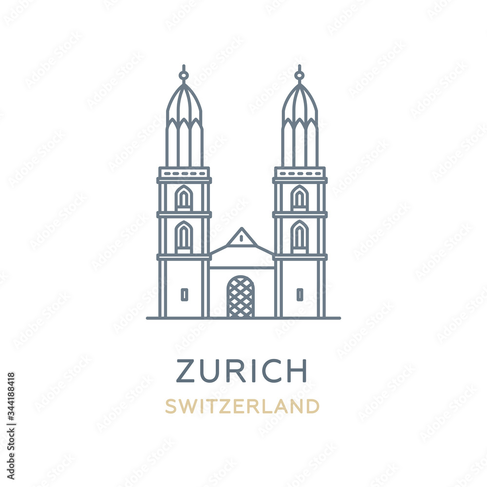 Zurich city, Switzerland. Line icon of the famous and largest city in Europe. Outline icon for web, mobile, and infographics. Landmark and famous building. Vector illustration, white isolated. 