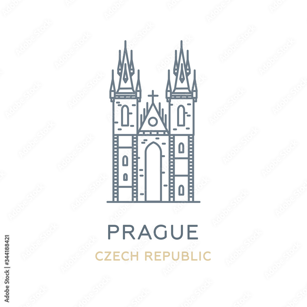 Prague city, Czech Republic. Line icon of the famous and largest city in Europe. Outline icon for web, mobile, and infographics. Landmark and famous building. Vector illustration, white isolated. 