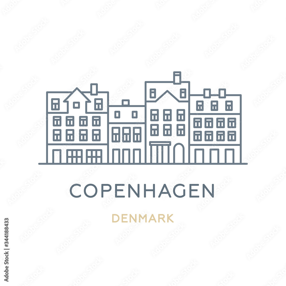 Copenhagen city, Denmark. Line icon of the famous and largest city in Europe. Outline icon for web, mobile, and infographics. Landmark and famous building. Vector illustration, white isolated. Copenhagen city, Denmark. Line icon of the famous and largest city in Europe. Outline icon for web, mobile, and infographics. Landmark and famous building. Vector illustration, white isolated.