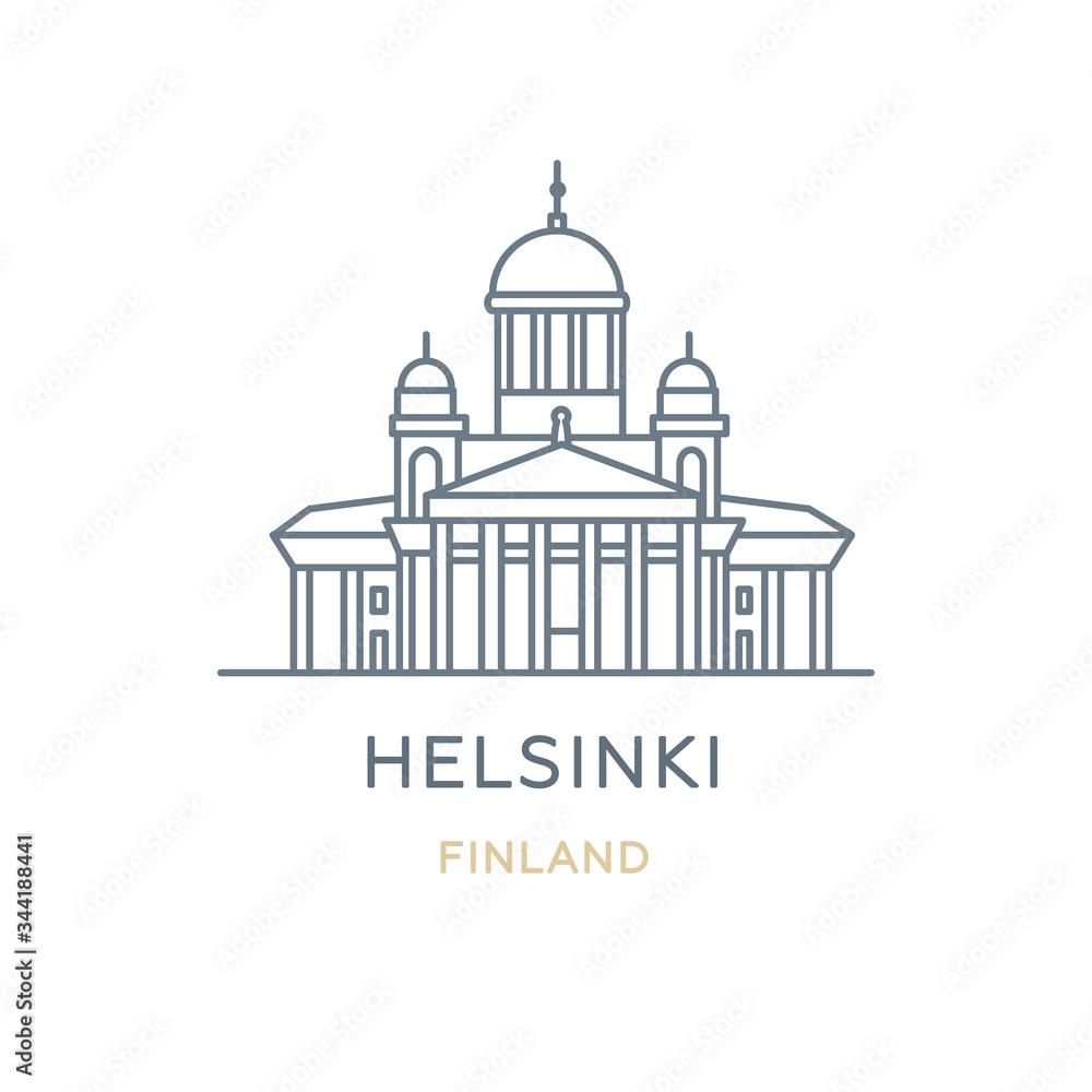 Helsinki city, Finland. Line icon of the famous and largest city in Europe. Outline icon for web, mobile, and infographics. Landmark and famous building. Vector illustration, white isolated. 