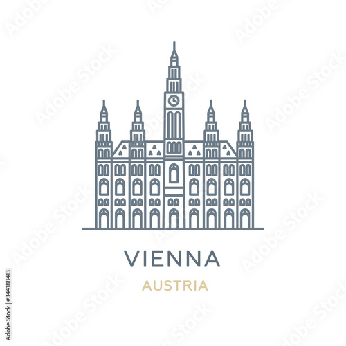 Vienna city, Austria. Line icon of the famous and largest city in Europe. Outline icon for web, mobile, and infographics. Landmark and famous building. Vector illustration, white isolated. 