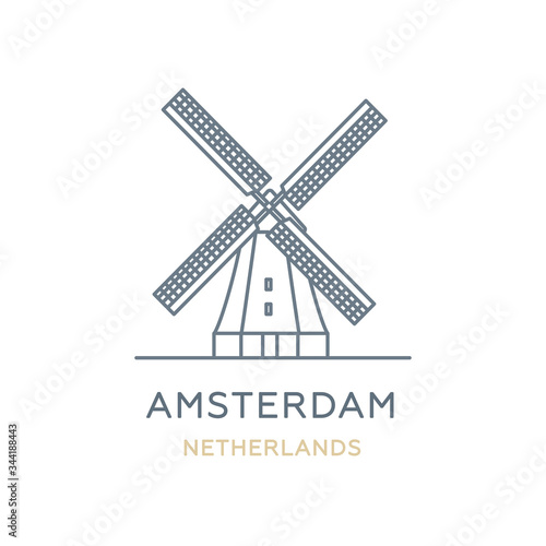 Amsterdam city, Netherlands. Line icon of the famous and largest city in Europe. Outline icon for web, mobile, and infographics. Landmark and famous building. Vector illustration, white isolated. 
