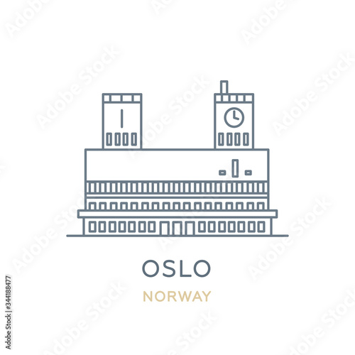 Oslo city, Norway. Line icon of the famous and largest city in Europe. Outline icon for web, mobile, and infographics. Landmark and famous building. Vector illustration, white isolated. 