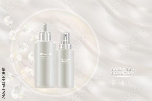 Beauty product ad design, white cosmetic container with collagen solution advertising background ready to use, luxury skin care banner, illustration vector.	