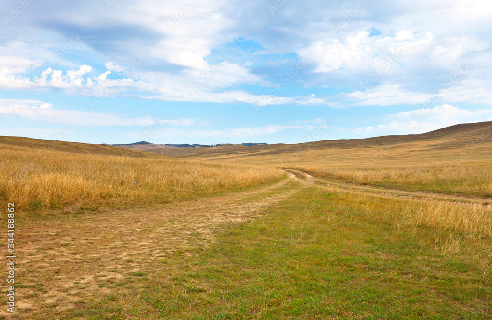 Obraz premium Dirt roads along the steppe part of Olkhon Islands on Lake Baikal. Beautiful steppe landscape. Natural background