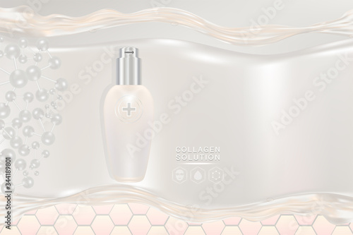 Beauty product ad design, white cosmetic container with collagen solution advertising background ready to use, luxury skin care banner, illustration vector.	