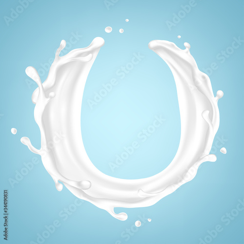 Milk splash. Realistic milky splashes and drops of dairy drink or yoghurt isolated on blue background