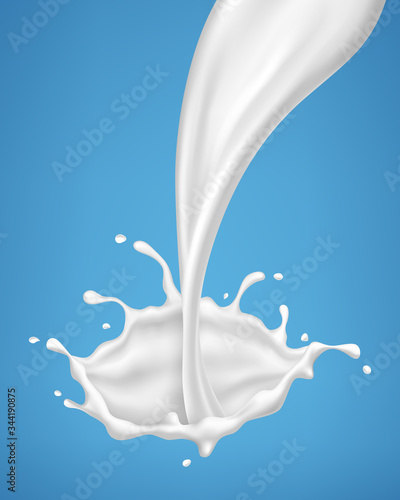Pouring milk splash isolated on blue background. Vector illustration