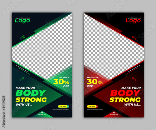 Gym and fitness instagram stories template vertical banner design	
