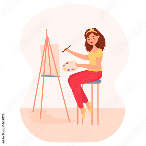 Young girl is sitting draws on an easel. The concept of stay home. Vector cartoon illustration