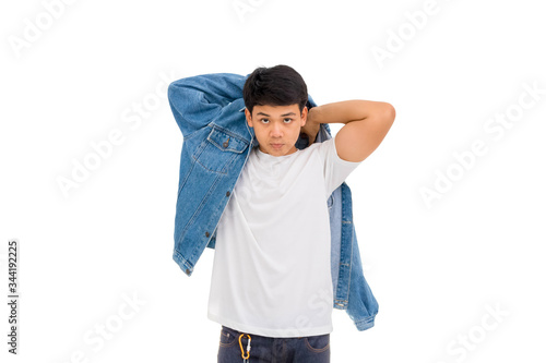 Asian Thaiman in white shirt is wearing blue jeans jacket on white background.