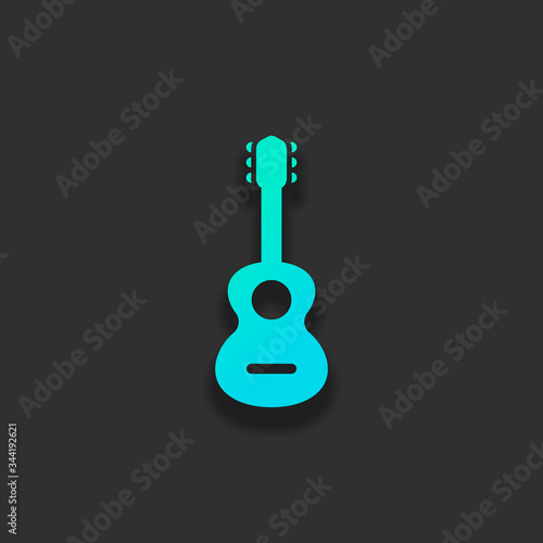 Acoustic guitar icon. Shape of classical musical instrument. Colorful logo concept with soft shadow on dark background. Icon color of azure ocean