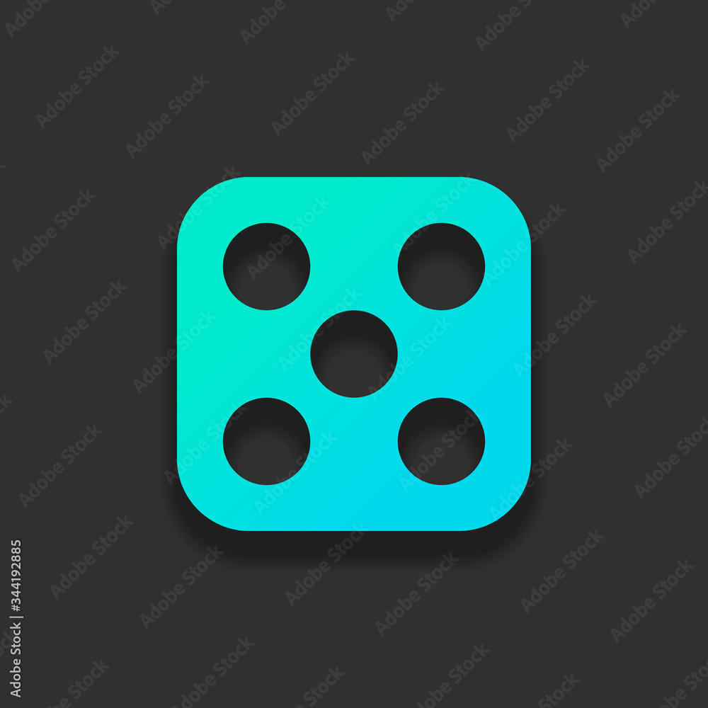 One dice with number five on visible side. Icon of casino games. Colorful logo concept with soft shadow on dark background. Icon color of azure ocean