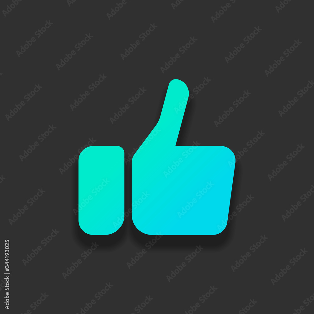 Hand with thumb up, like icon. Colorful logo concept with soft shadow on dark background. Icon color of azure ocean Hand with thumb up, like icon. Colorful logo concept with soft shadow on dark background. Icon color of azure ocean