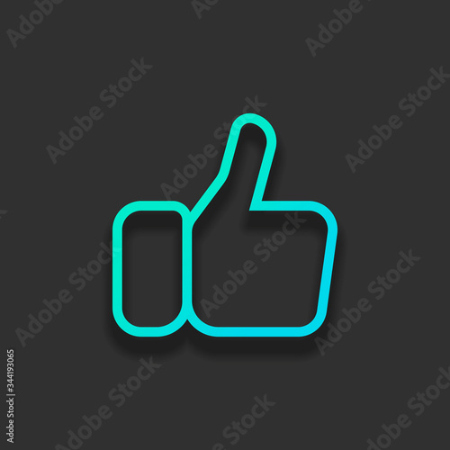 Hand with thumb up, like. Linear outline icon. Colorful logo concept with soft shadow on dark background. Icon color of azure ocean