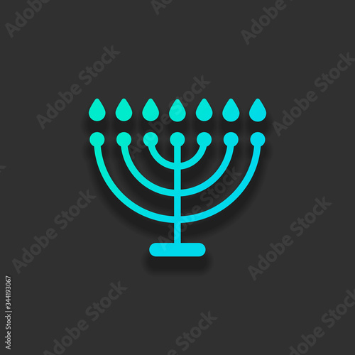 Hanukkah icon or menorah lamp. Outline Jewish Candles. Colorful logo concept with soft shadow on dark background. Icon color of azure ocean