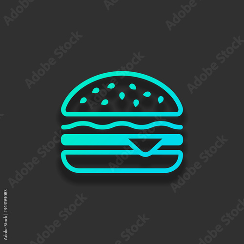 Hamburger icon. Fast food. Linear outline symbol. Colorful logo concept with soft shadow on dark background. Icon color of azure ocean
