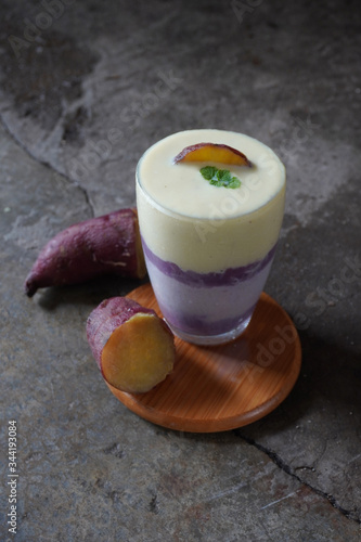 Fresh purple potatoes paste with sweet potatoes milk and yellow sweet potatoes cream.