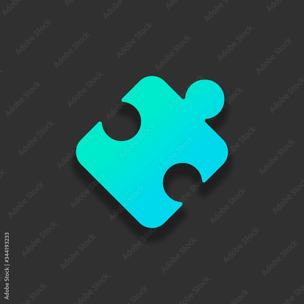 Piece of puzzle, sign of logic, simple icon. Colorful logo concept with soft shadow on dark background. Icon color of azure ocean Piece of puzzle, sign of logic, simple icon. Colorful logo concept with soft shadow on dark background. Icon color of azure ocean