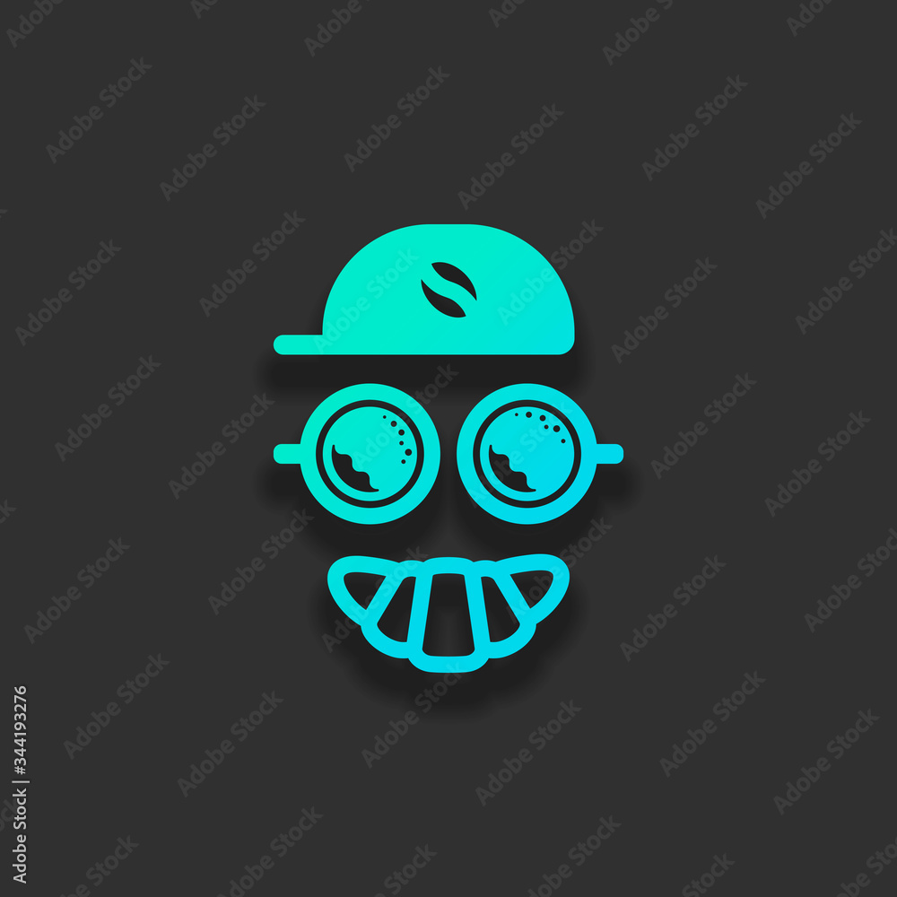 Coffee character, croissant smile, cap with grain, espresso logo, creative comic icon. Colorful logo concept with soft shadow on dark background. Icon color of azure ocean Coffee character, croissant smile, cap with grain, espresso logo, creative comic icon. Colorful logo concept with soft shadow on dark background. Icon color of azure ocean