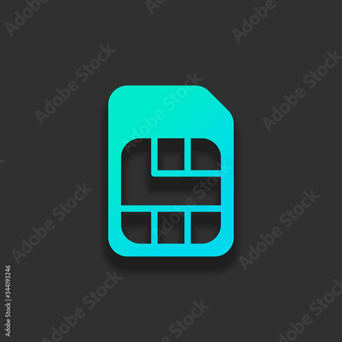 Electronic sim card, plastic mobile chip for cellphone. Simple icon. Colorful logo concept with soft shadow on dark background. Icon color of azure ocean