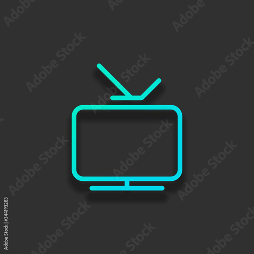 Smart TV, analog television. Linear outline icon of media. Colorful logo concept with soft shadow on dark background. Icon color of azure ocean