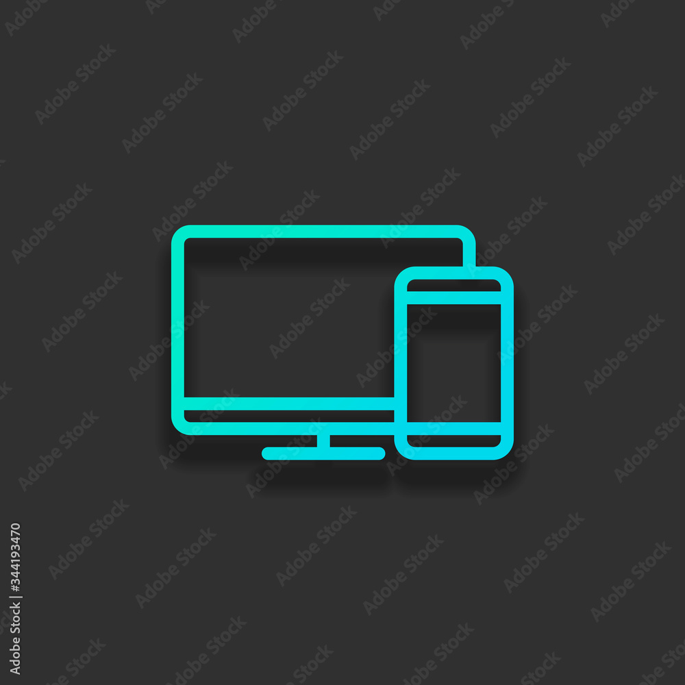 Computer and phone, outline linear icon. Colorful logo concept with soft shadow on dark background. Icon color of azure ocean Computer and phone, outline linear icon. Colorful logo concept with soft shadow on dark background. Icon color of azure ocean