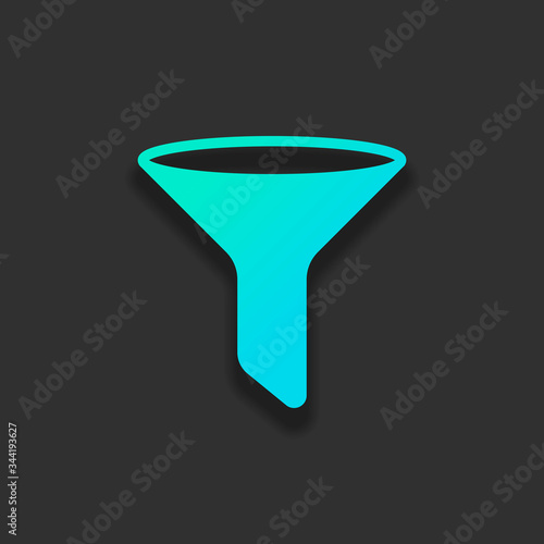 funnel or filter icon. Colorful logo concept with soft shadow on dark background. Icon color of azure ocean