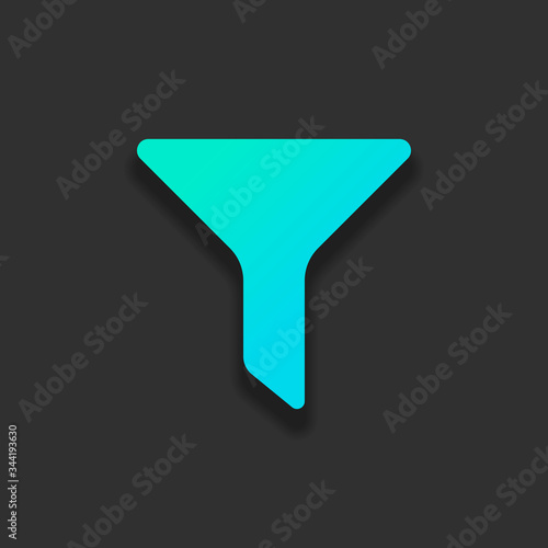 funnel or filter icon. Colorful logo concept with soft shadow on dark background. Icon color of azure ocean