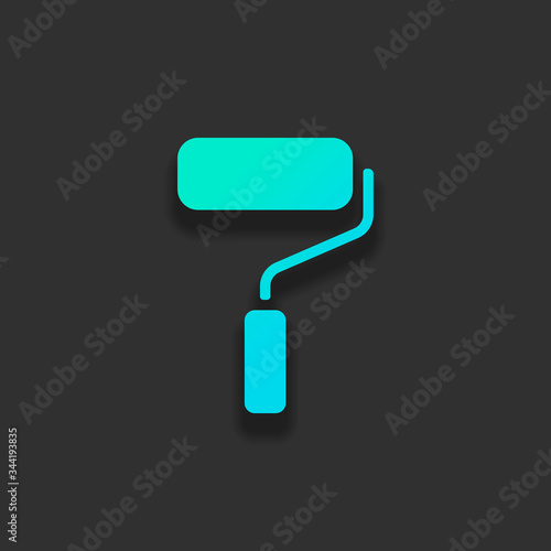 Paint roller, paintbrush icon. Colorful logo concept with soft shadow on dark background. Icon color of azure ocean