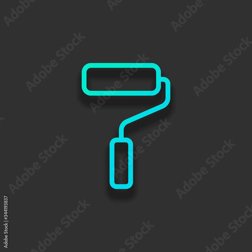Paint roller, paintbrush, outline linear icon. Colorful logo concept with soft shadow on dark background. Icon color of azure ocean