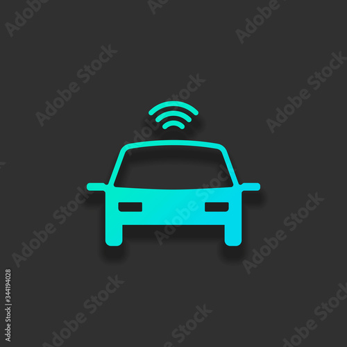 Smart car, modern autonomous auto, automatic transport, technology icon. Colorful logo concept with soft shadow on dark background. Icon color of azure ocean